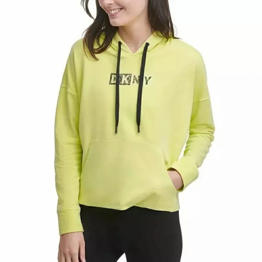 DKNY Sport Yellow Pigment Dyed Two Tone Logo Distressed Hoodie Women's XS NWT
